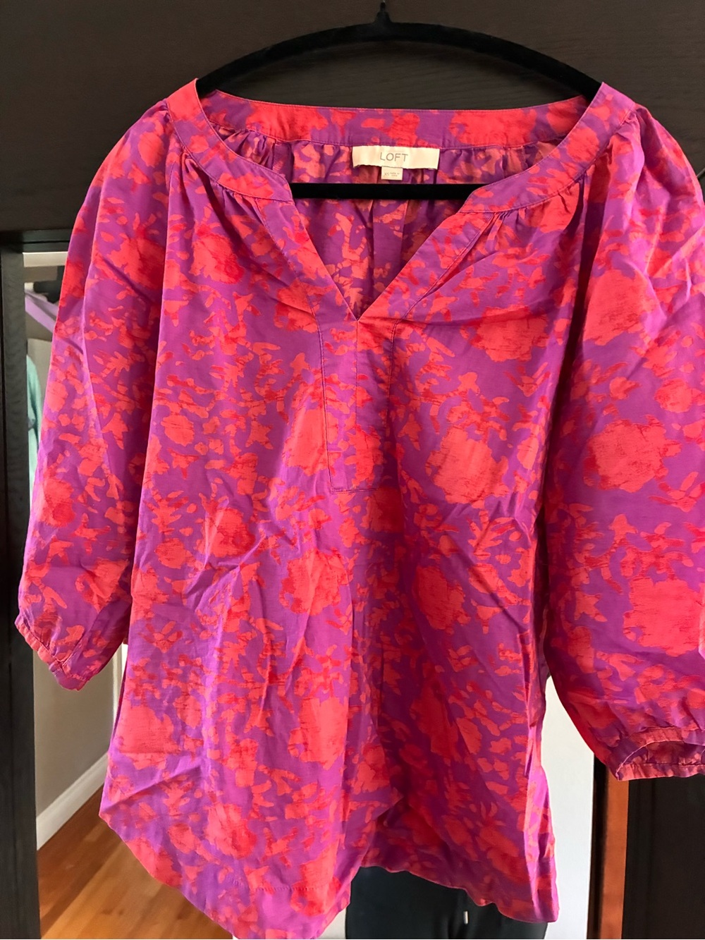 LOFT Vibrant Pink and Purple Floral Tunic Blouse, XS